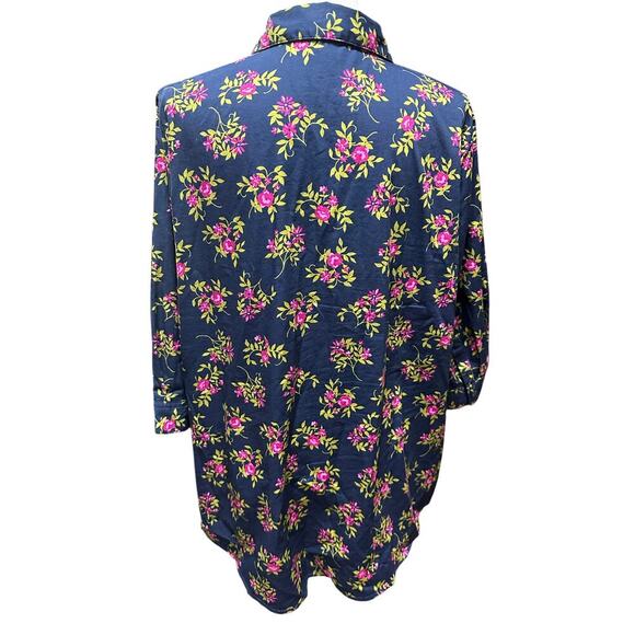 Woman Within Button Up Top L 18/20 Blue Floral 3/4 Sleeves Cotton Mature Casual - Picture 2 of 7